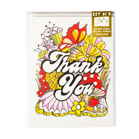 Set of 8 - Thank You Floral Risograph Card